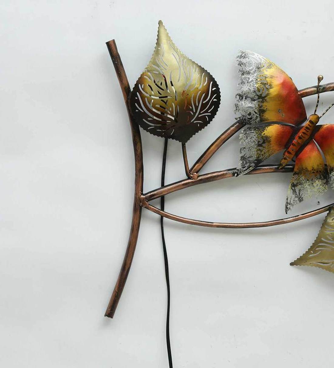 Wall Art: Iron Butterfly On Leaf Wall Art With LED In Brown