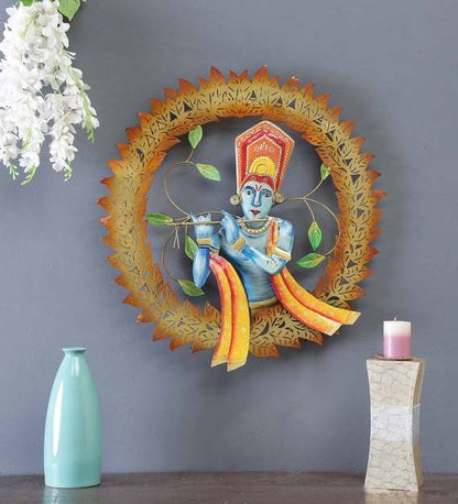 Wall Art Iron Lord Krishna With Flute Wall Art With LED In Gold