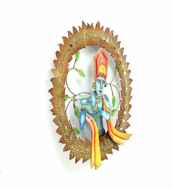 Wall Art Iron Lord Krishna With Flute Wall Art With LED In Gold