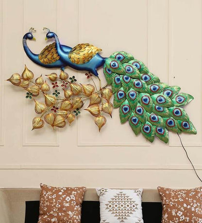 Wall Art : Iron Peocock Wall Art With LED In Blue