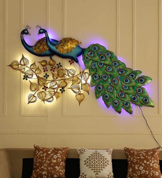 Wall Art : Iron Peocock Wall Art With LED In Blue