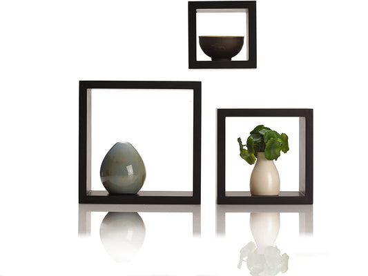Wall Shelves Bedroom, Living Room, Bathroom, Kitchen - Wood, Set of 3, Black 