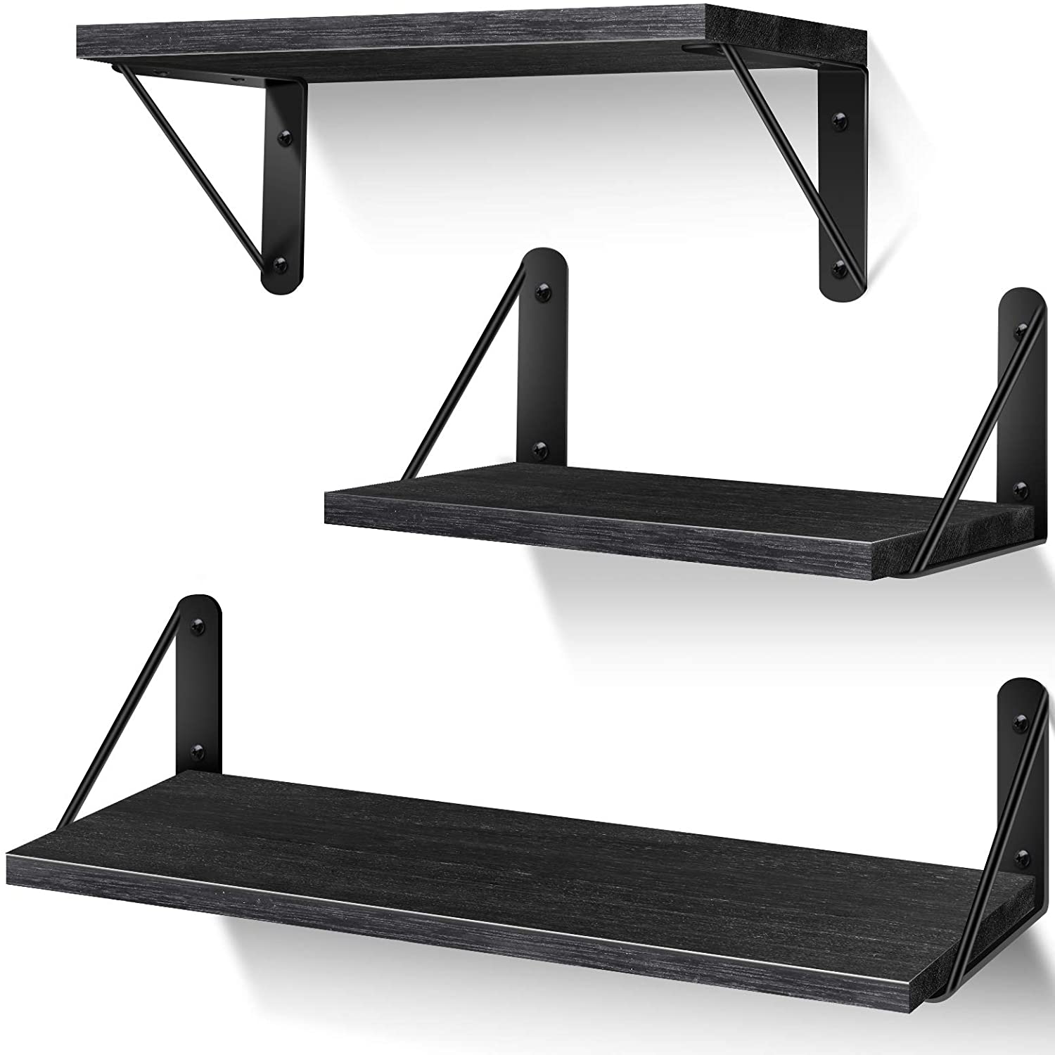 Wall Shelves Decor Set of 3 for Bedroom, Bathroom, Living Room, Kitchen, Office, Laundry Room, Original Wood (Black) 