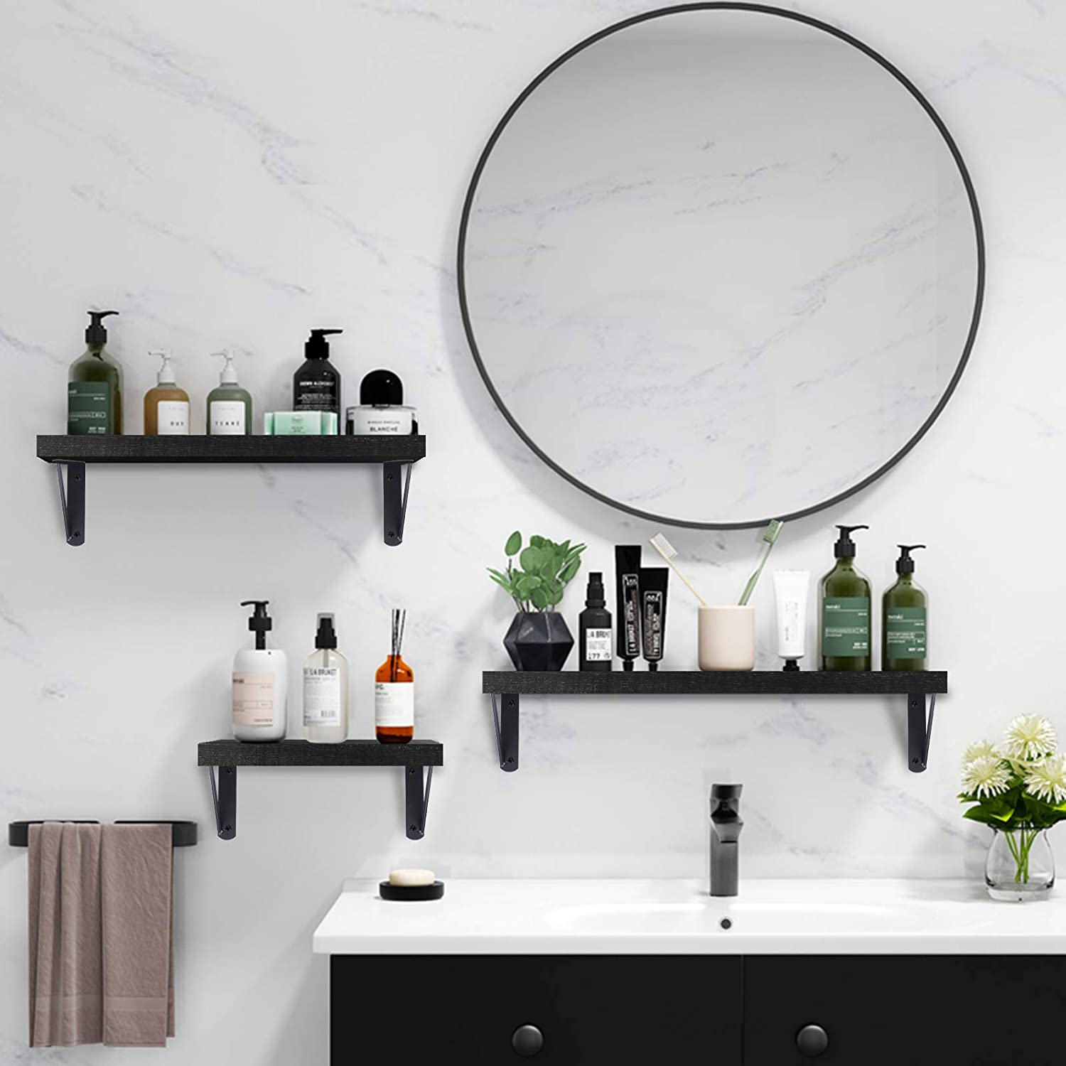 Wall Shelves Decor Set of 3 for Bedroom, Bathroom, Living Room, Kitchen, Office, Laundry Room, Original Wood (Black) 