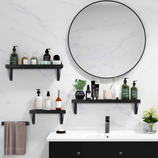 Wall Shelves Decor Set of 3 for Bedroom, Bathroom, Living Room, Kitchen, Office, Laundry Room, Original Wood (Black) 
