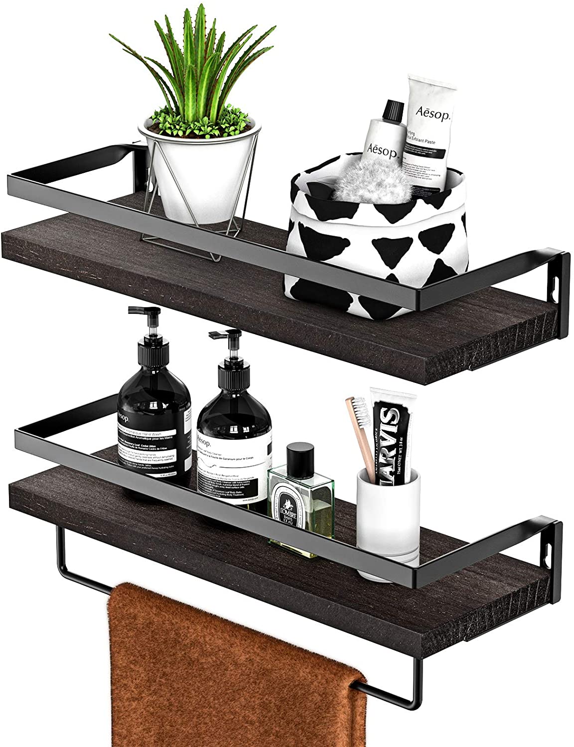 Wall Shelves Decorative Storage Shelf with Removable Towel Holder Dark Brown