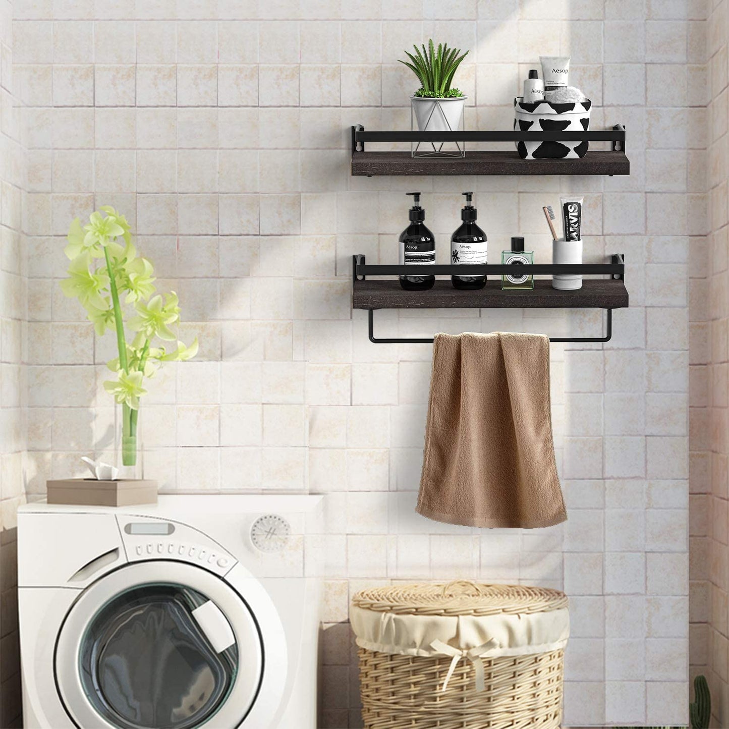 Wall Shelves Decorative Storage Shelf with Removable Towel Holder Dark Brown