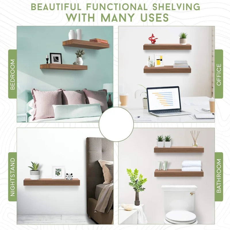 Wall Shelves Hard Wood, Solid Shelving for Kitchen, Bathroom, Decor - 2 Pack
