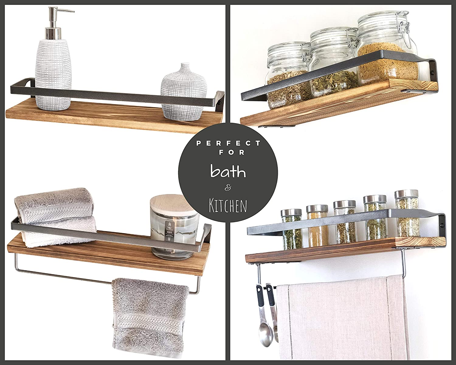 Wall Shelves Modern Shelving - Torched Cedar Wood, Black Silver Metal Frame - Set of 2 