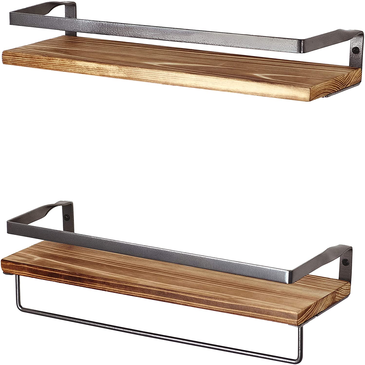 Wall Shelves Modern Shelving - Torched Cedar Wood, Black Silver Metal Frame - Set of 2 