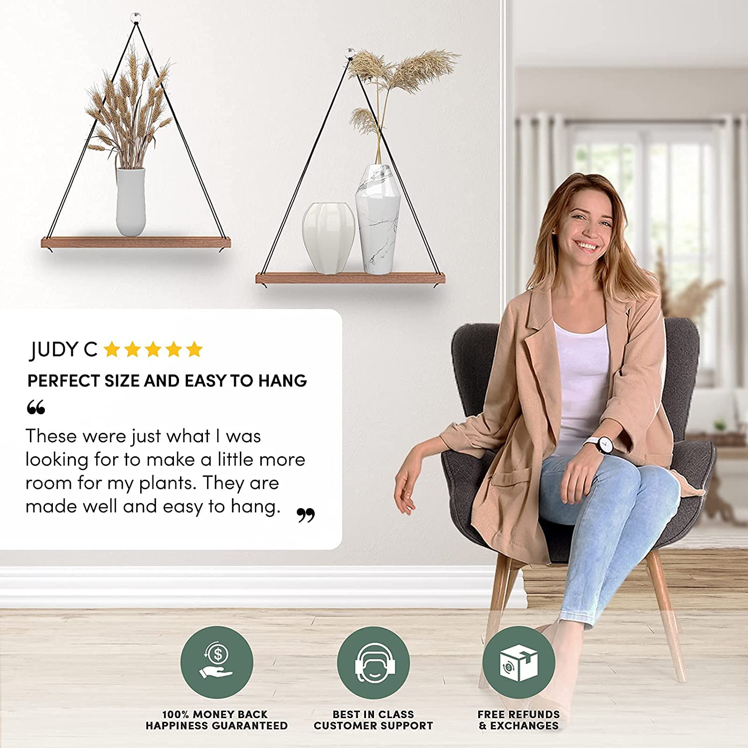 Wall Shelves: Set of 2 Wood Hanging Shelves for Decor, Plants, Book