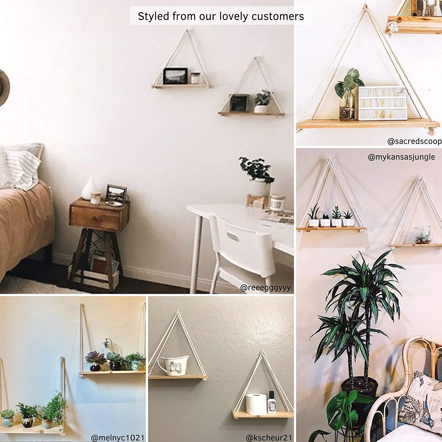 Wall Shelves Wooden Shelf & Macrame Rope, Natural Light Reclaimed Wood, Swing Triangle Floating Shelf, Modern