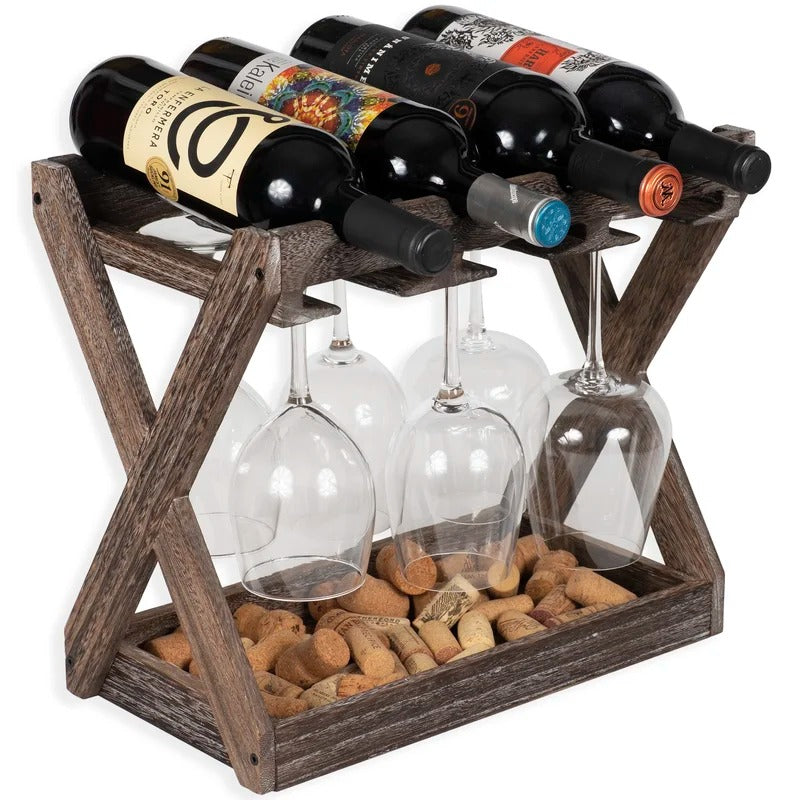 Wine Racks : 4 Bottle Solid Wood Tabletop Wine Bottle & Glass Rack in Torched Brown