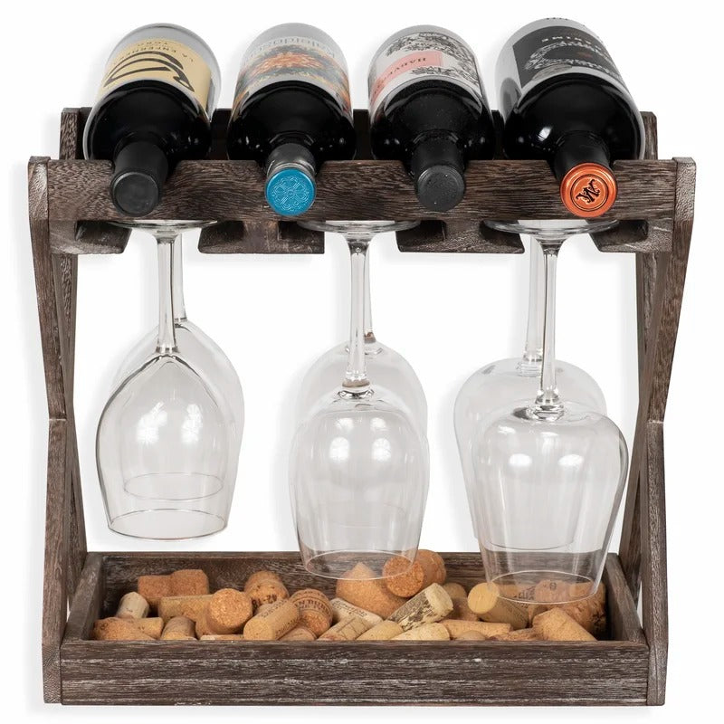 Wine Racks : 4 Bottle Solid Wood Tabletop Wine Bottle & Glass Rack in Torched Brown