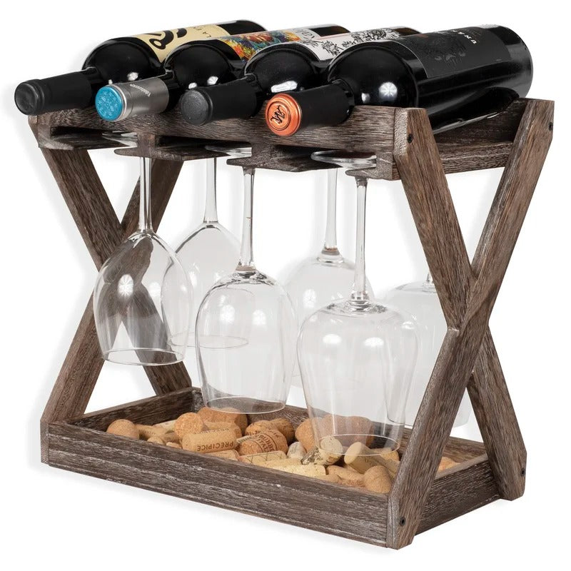 Wine Racks : 4 Bottle Solid Wood Tabletop Wine Bottle & Glass Rack in Torched Brown