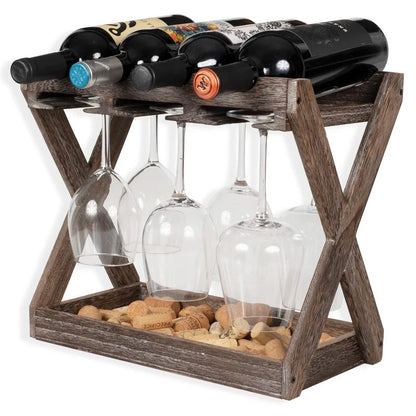 Wine Racks : 4 Bottle Solid Wood Tabletop Wine Bottle & Glass Rack in Torched Brown