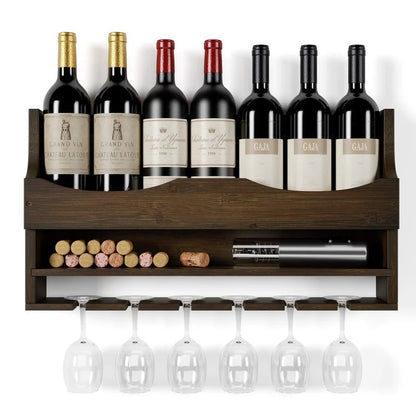 Wine Racks : 7 Bottle Solid Wood Wall Mounted Wine Bottle & Glass Rack in Espresso