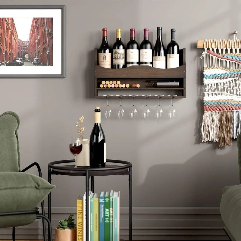Wine Racks : 7 Bottle Solid Wood Wall Mounted Wine Bottle & Glass Rack in Espresso