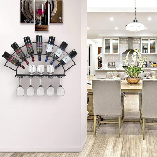 Wine Racks : 7 Bottle Wall Mounted Wine Bottle & Glass Rack in Black
