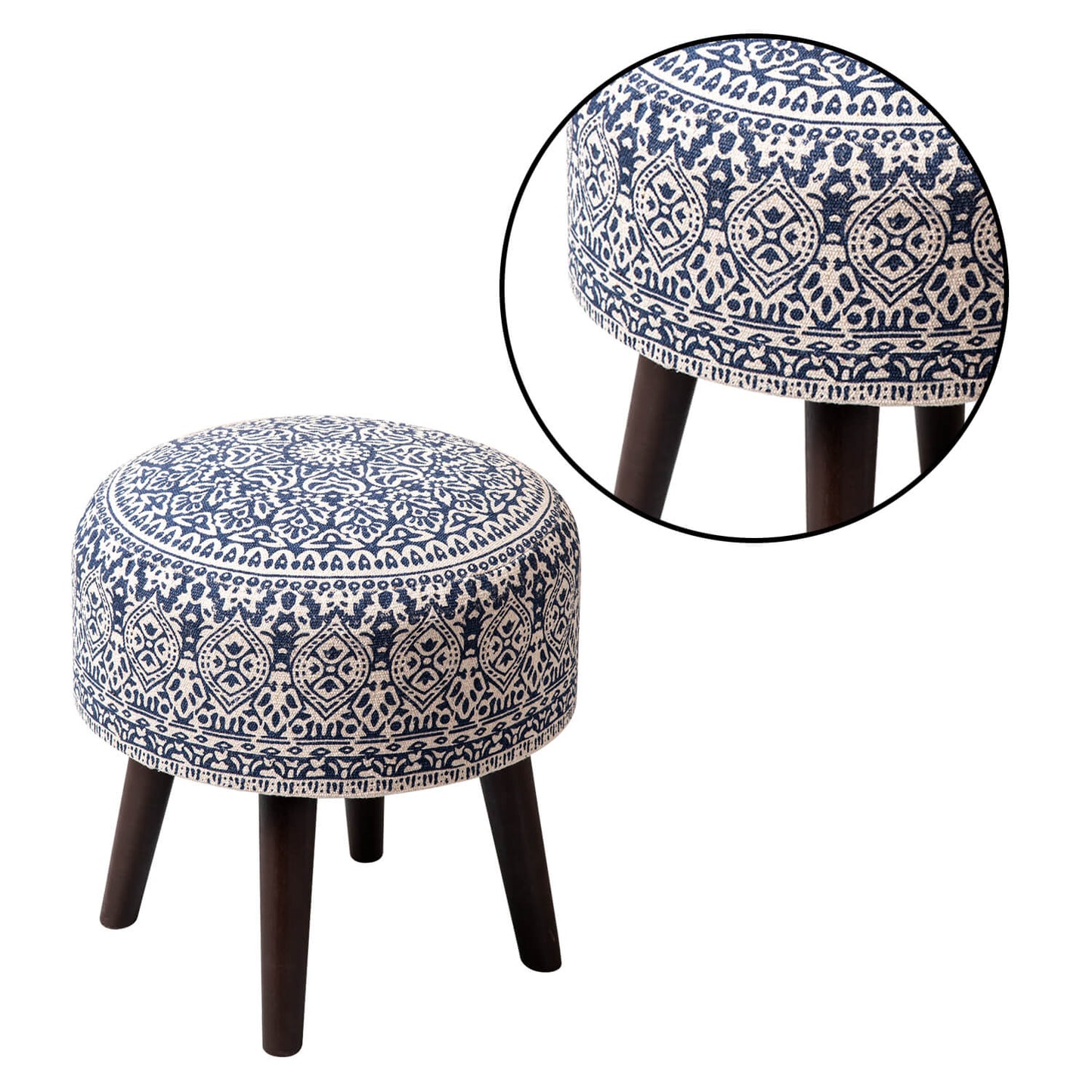 Wooden Ottomans: Blue Printed Ottoman 17 Inch