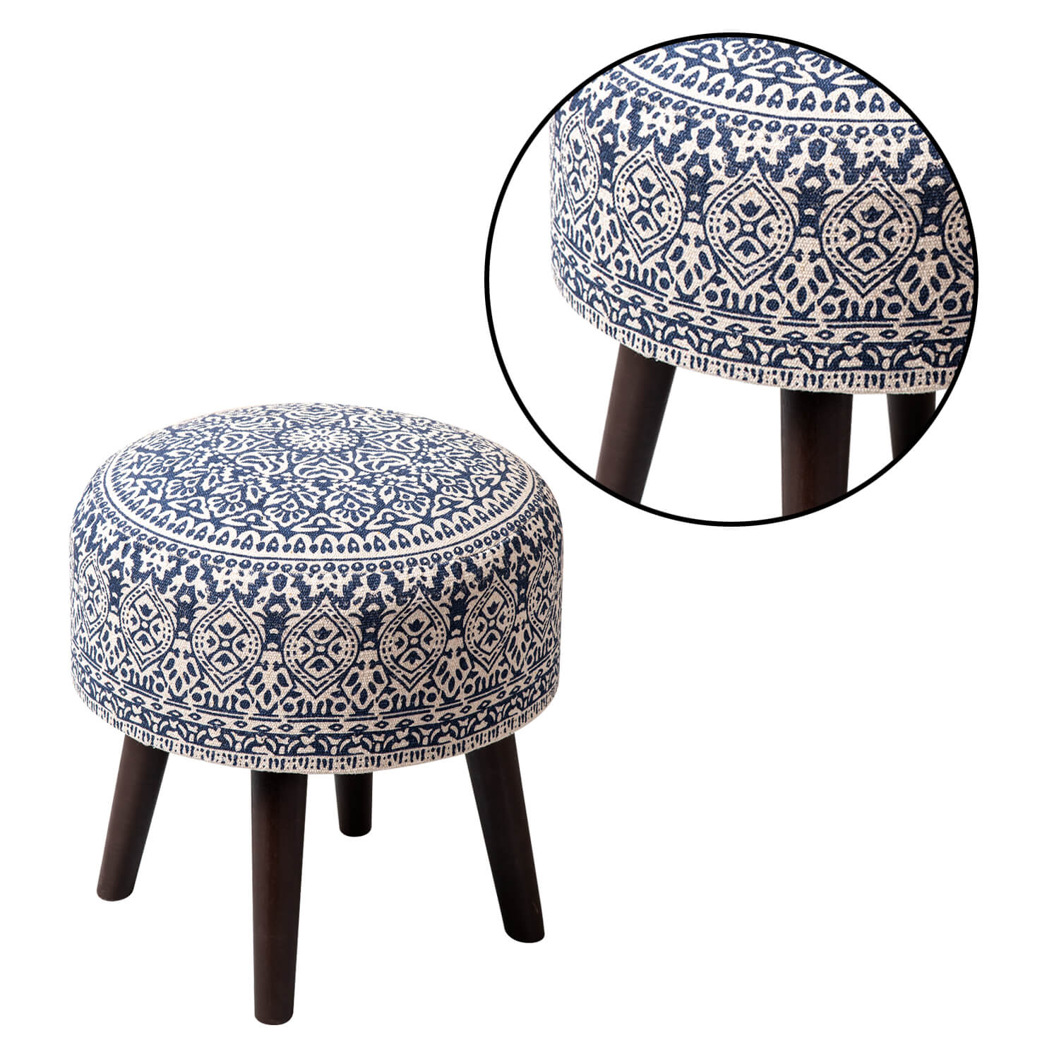 Wooden Ottomans: Blue Printed Ottoman 17 Inch