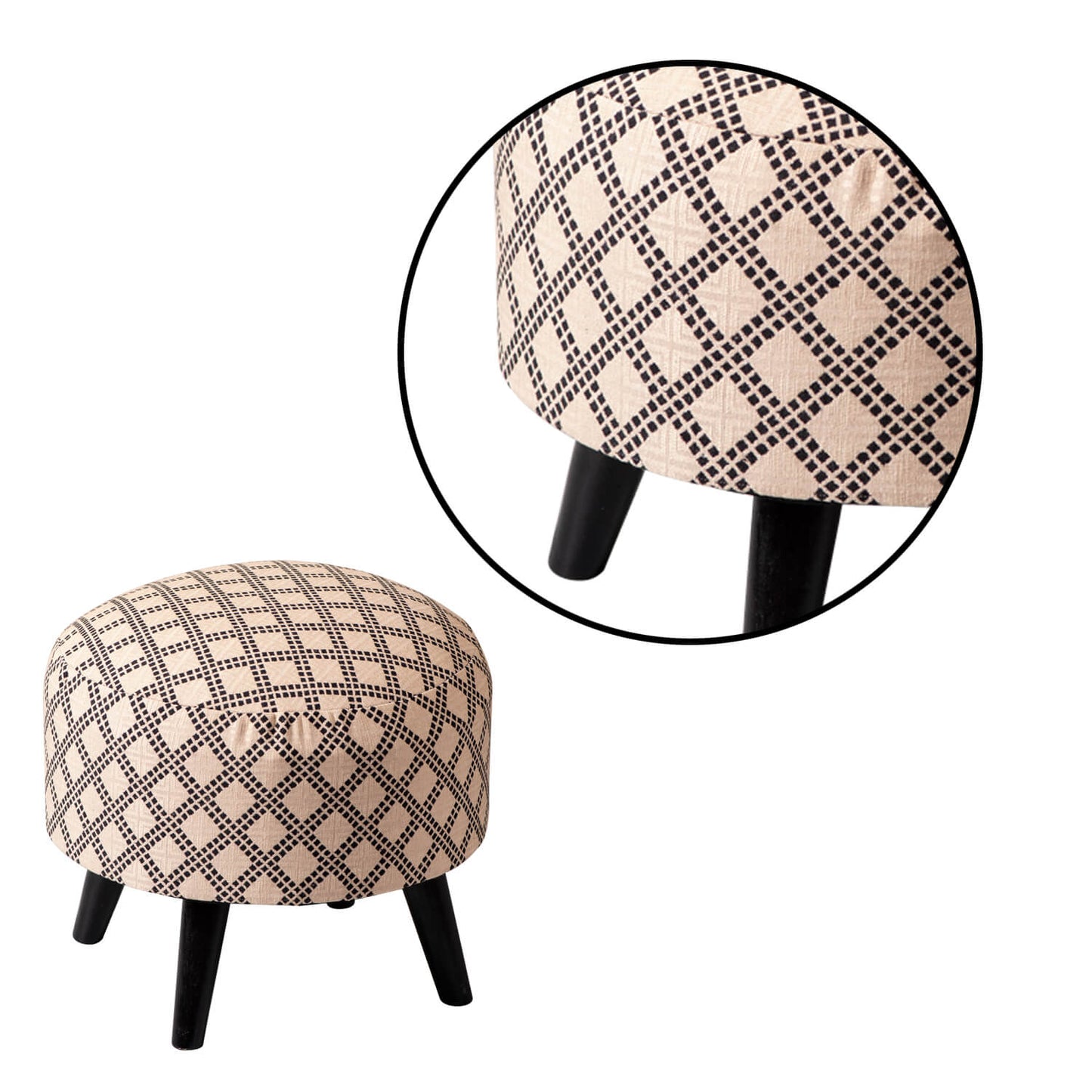 Wooden Ottomans: Cream & Black Cotton Ottoman Set of 1