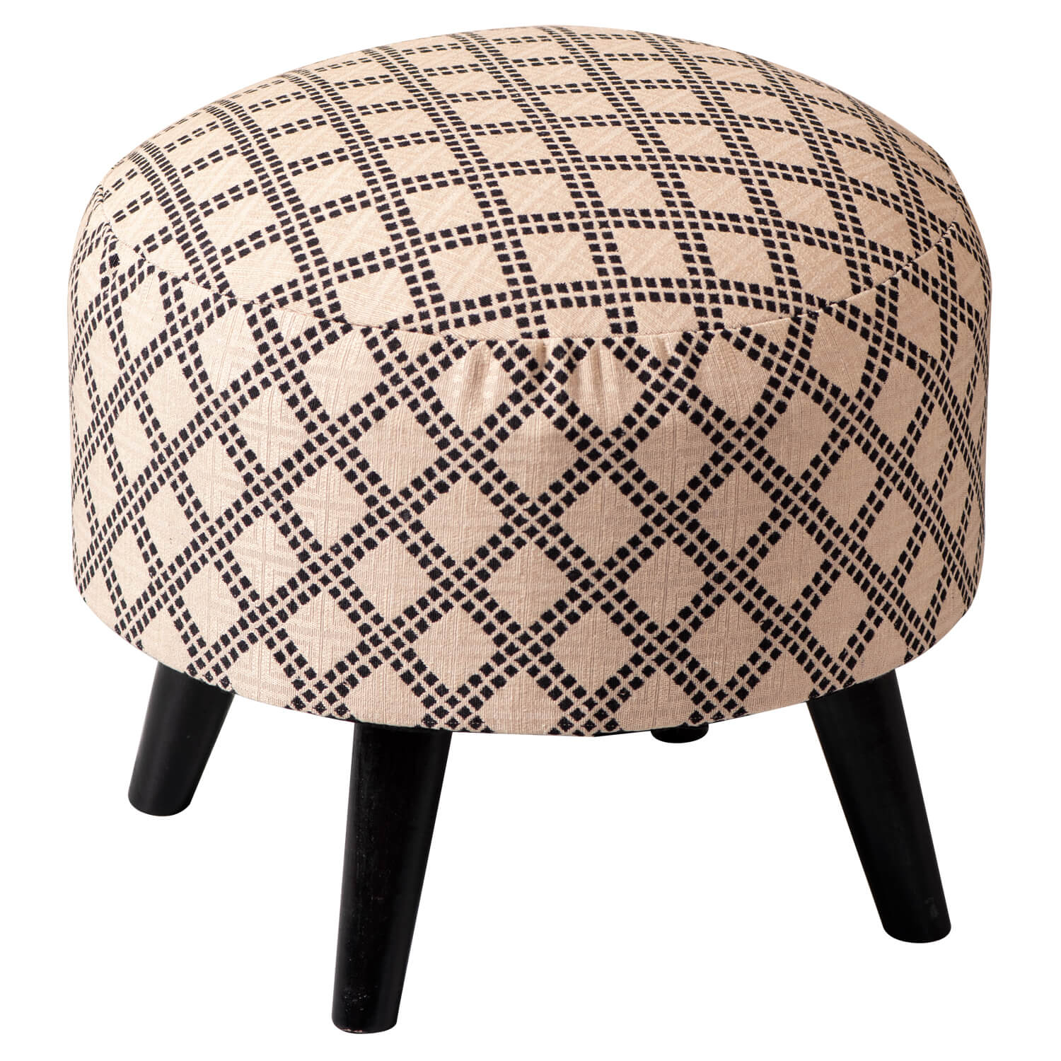 Wooden Ottomans: Cream & Black Cotton Ottoman Set of 1