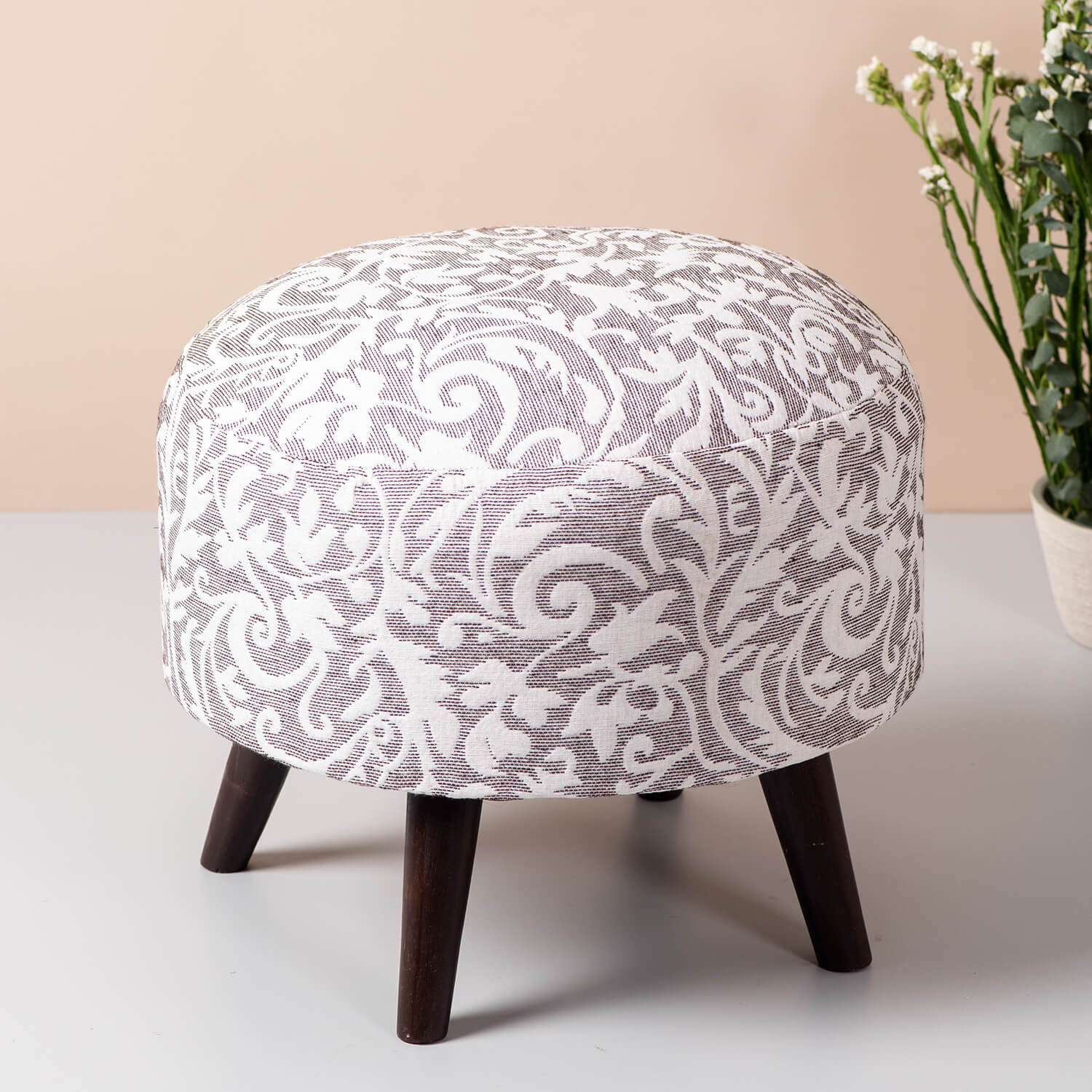 Wooden Ottomans: Grey & White Cotton Ottoman Set of 1