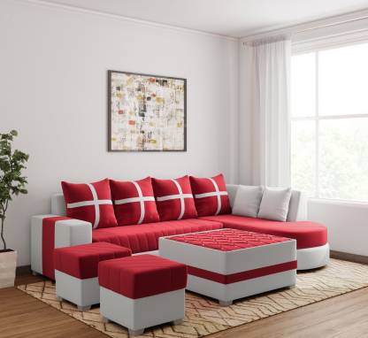L Shape Sofa Set:-  Half Leatherette Sofa Set (White & Red)