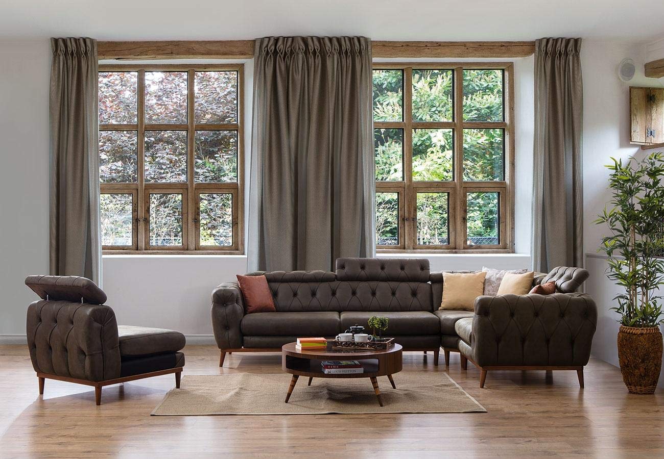 Designer Sofa Set:- Mastercraft L Shape Suede Fabric Corner Luxury FurnitureSofa Set and Wing Chair (Brown)